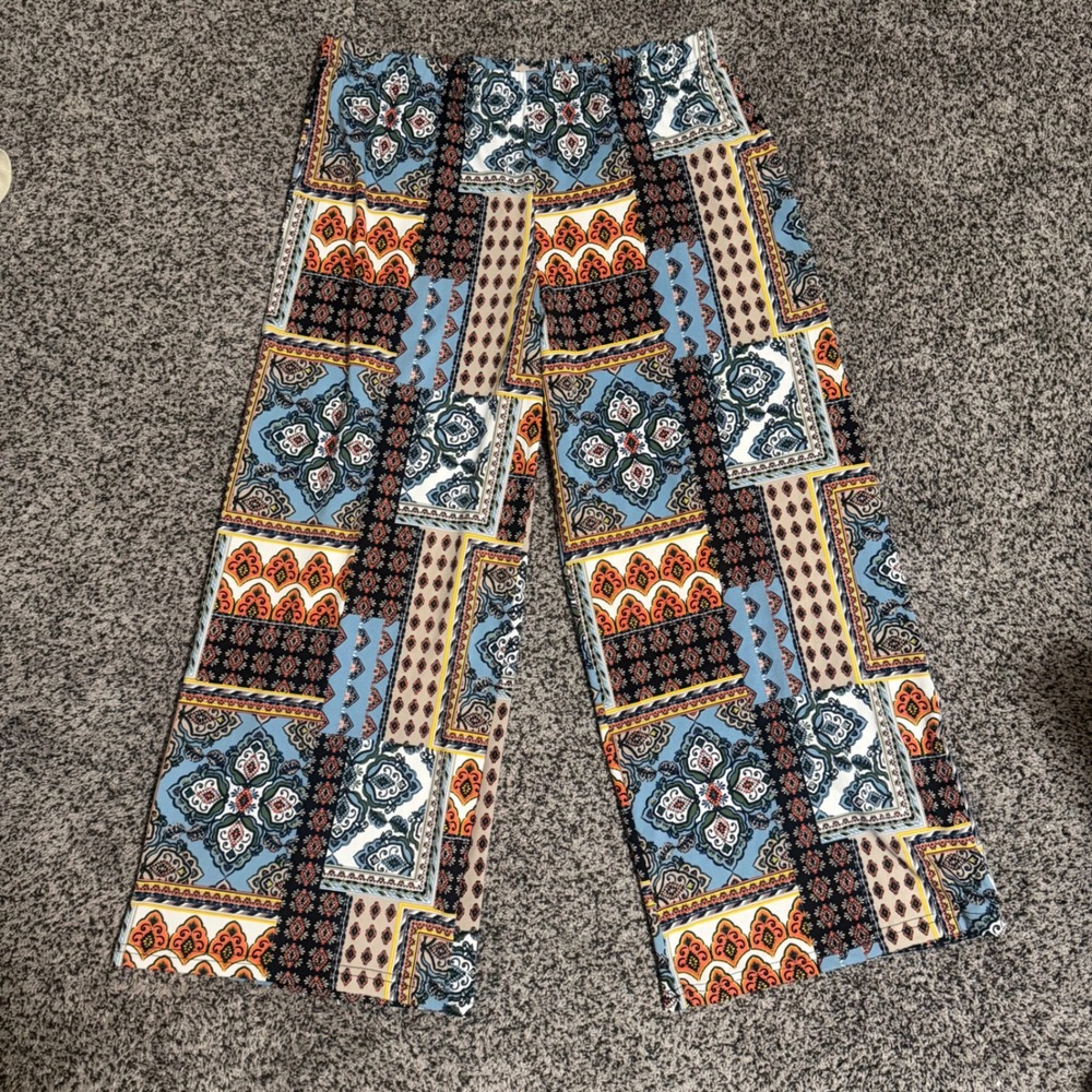 Unbranded Patchwork Boho Wide Leg‎ Pants Womens Medium Blue Orange Excellent